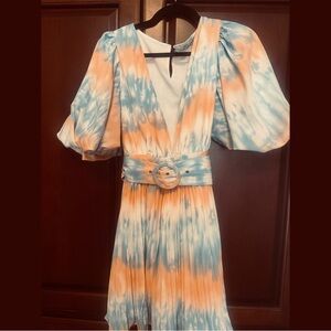 Havana Orange and Blue Puff Sleeve Dress